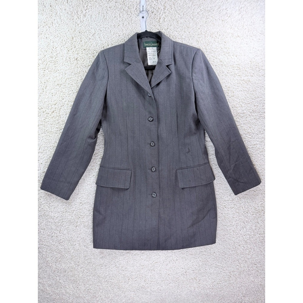 Harve Benard Blazer Women 12 Gray Pinstripe Wool Longline Jacket Coat Vintage